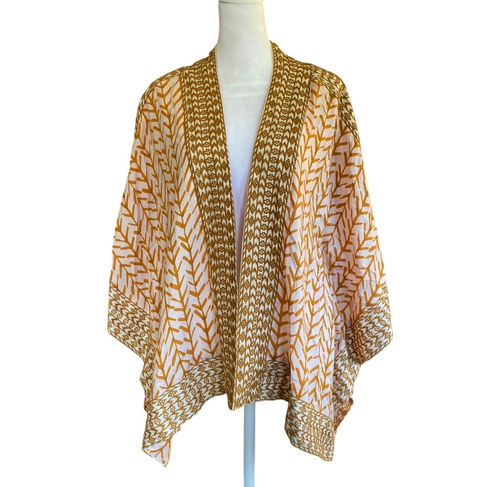 Block Print Geometric Yellow Kimono Cardigan O/S Boho Lagenlook Summer Festival‎